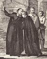 Franz von Sales begegnet Philipp Neri in Rom. Diese Begegnung ist historisch nicht nachweisbar. In Wirklichkeit war Philipp Neri bereits gestorben als Franz von Sales 1597 Rom besuchte. Franz von Sales war jedoch Gast im Oratorium des Philipp Neri. Stich von Pietri Antonio Novelli und Innocente Allessandri Scolpi, Venedig um 1780; Annales Salesiannes 20,113.