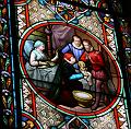 Franz von Sales wird am 21. August 1567 in Thorens geboren und notgetauft. Die feierliche Taufe findet am 28. August 1567 statt. Glasfenster in der Alten Pfarrkirche Franz von Sales in Paris, Frankreich (Ausschnitt).