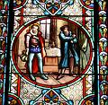 Franz von Sales versucht, leider erfolglos, in Genf Theodore de Beze zum katholischen Glauben zu bekehren. Glasfenster in der Alten Pfarrkirche Franz von Sales in Paris, Frankreich (Ausschnitt).