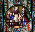 Am französischen Königshof traf sich Franz von Sales auch mit der königlichen Familie. Glasfenster in der Alten Pfarrkirche Franz von Sales in Paris, Frankreich (Ausschnitt).