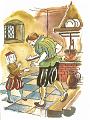 Franz von Sales bekommt als 5-jähriger vom Koch einen Kuchen, der ihm fast die Finger verbrannte, Illustration von Horst Kühnel aus dem Buch "Der heilige Franz von Sales" von Robert Skorpil, Verlag für religiöses Schrifttum Dr. Krueckemeyer KG, Saarbrücken 1956, Seite 9l