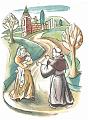 Franz von Sales erweckt ein ertrunkenes Baby zum Leben, um es zu taufen, Illustration von Horst Kühnel aus dem Buch "Der heilige Franz von Sales" von Robert Skorpil, Verlag für religiöses Schrifttum Dr. Krueckemeyer KG, Saarbrücken 1956, Seite 17