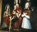 Franz von Sales mit Barbara, Johannes der Täufer, Maria und Jesuskind. Gemälde Benoît Alhoste zugeschrieben (1620-1677) im Museum von Brou, Bourg-en-Bresse, Frankreich. Stammt vermutlich aus dem Heimsuchungskloster von Brou.