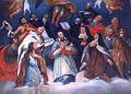 Franz von Sales und die Heiligen, die Ihn beeinflussten: Maria Magdalena, Bernhard von Clairvaux, Johannes Evangelist, Johannes der Täufer, ?, Ignatius von Loyola, Thomas von Aquin, Joachim, Anna, Josef, Theresia von Avila. Gemälde (17. Jh.) in der Kirche Franz von Sales in Chambery, Frankreich