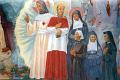 Christus und die salesianische Familie: Franz von Sales, Johanna Franziska von Chantal, Louis Brisson, Marie de Sales Chappuis und die hl. Leonie Franziska Salesia Aviat.
Fresco von Henri Charlier in der Krypta St. Gilles des Mutterhauses der Oblatinnen des hl. Franz von Sales in Troyes, Frankreich